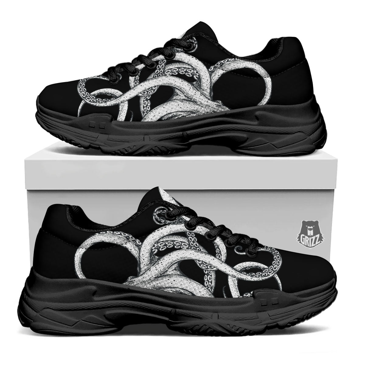 Octopus Tentacles White And Black Print Black Chunky Shoes-grizzshop