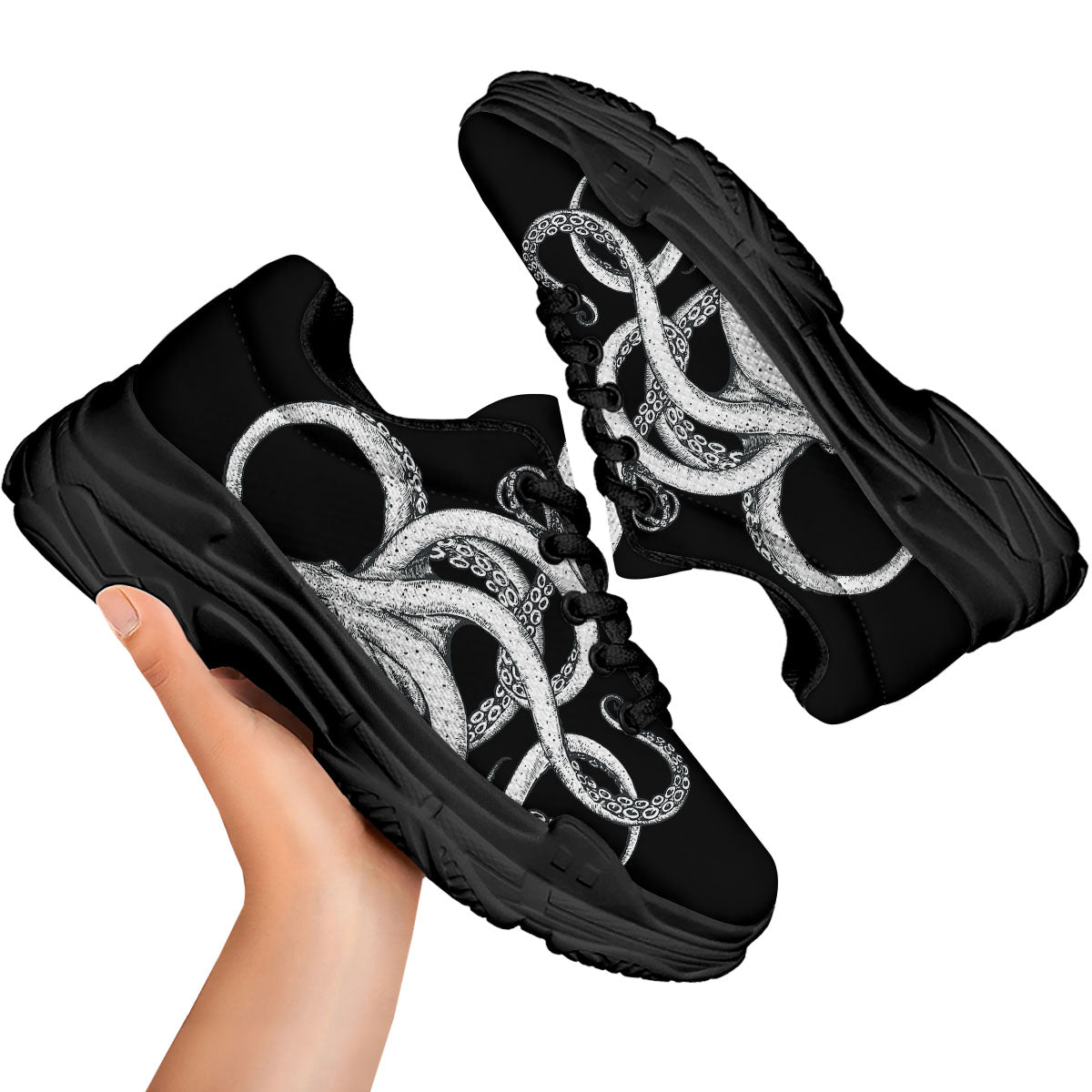 Octopus Tentacles White And Black Print Black Chunky Shoes-grizzshop