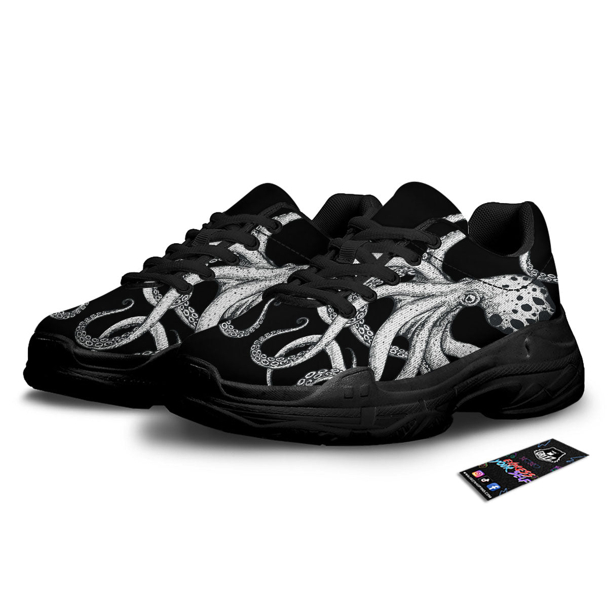 Octopus Tentacles White And Black Print Black Chunky Shoes-grizzshop