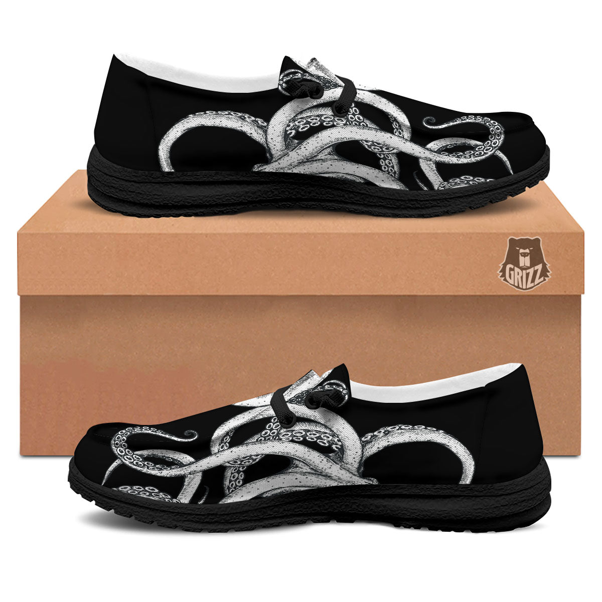 Octopus Tentacles White And Black Print Black Loafers-grizzshop