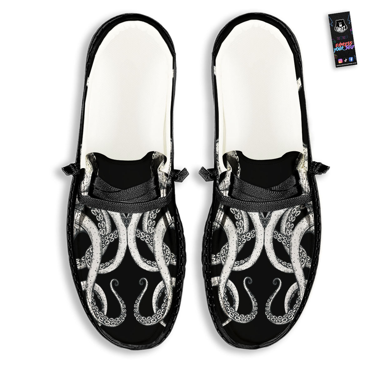Octopus Tentacles White And Black Print Black Loafers-grizzshop