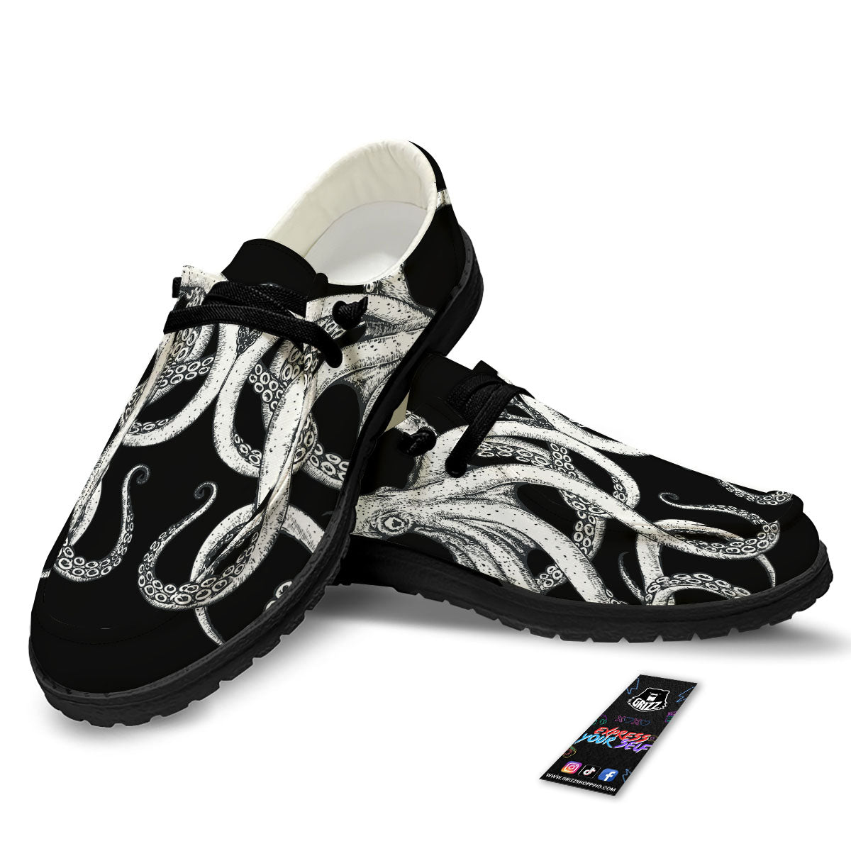 Octopus Tentacles White And Black Print Black Loafers-grizzshop