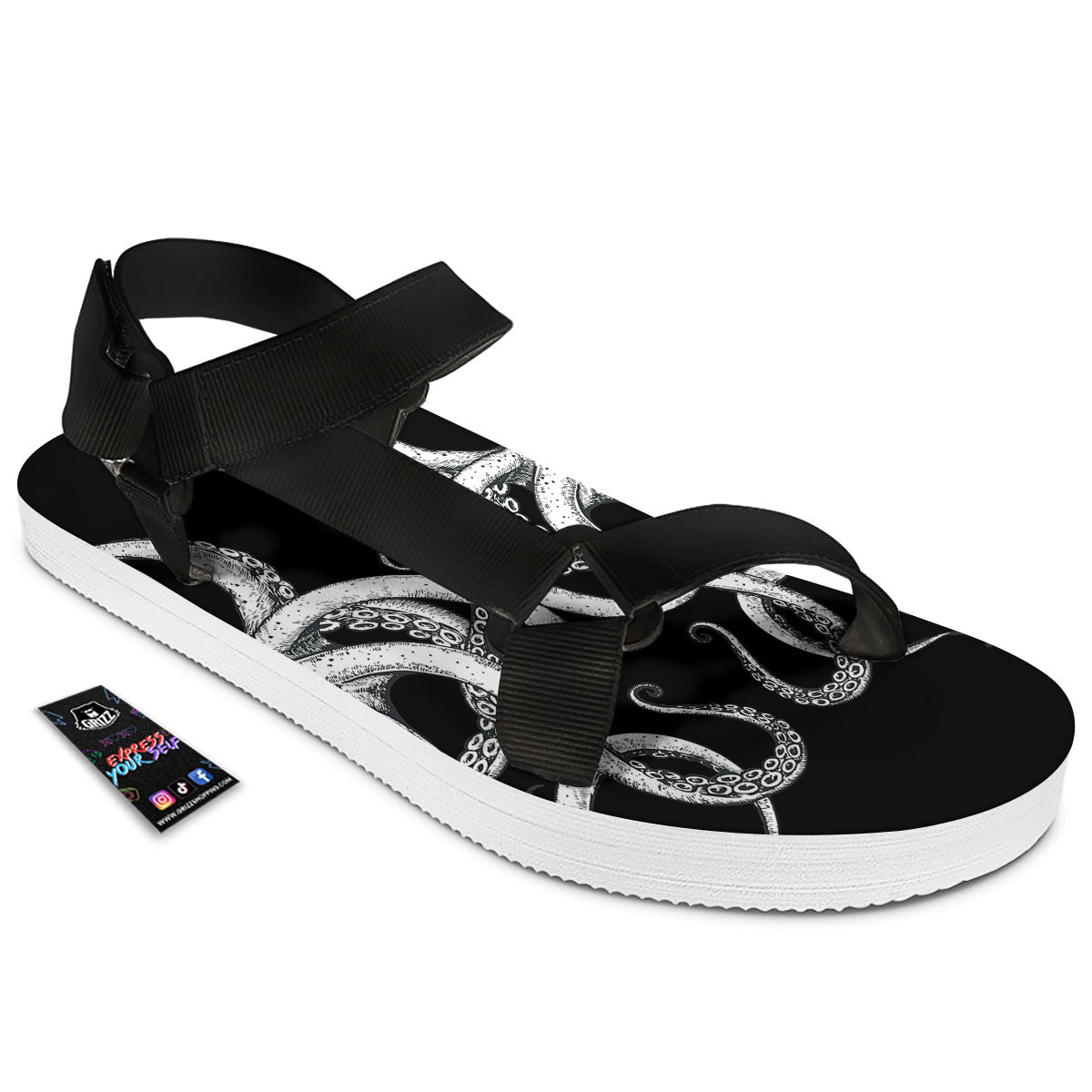 Octopus Tentacles White And Black Print Black Open Toe Sandals-grizzshop
