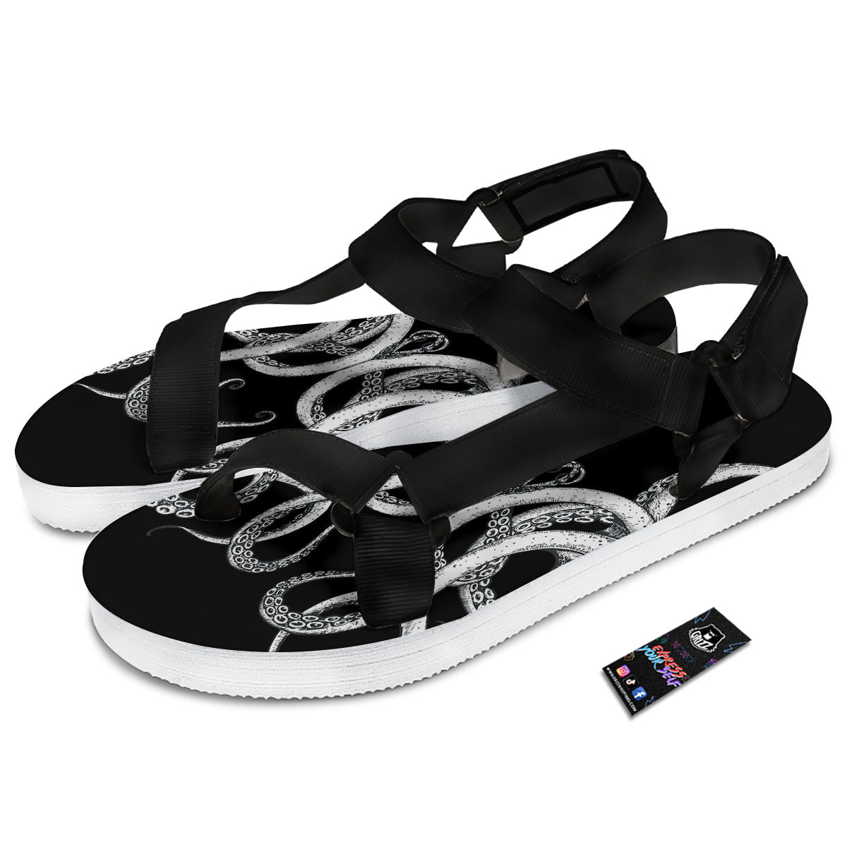 Octopus Tentacles White And Black Print Black Open Toe Sandals-grizzshop