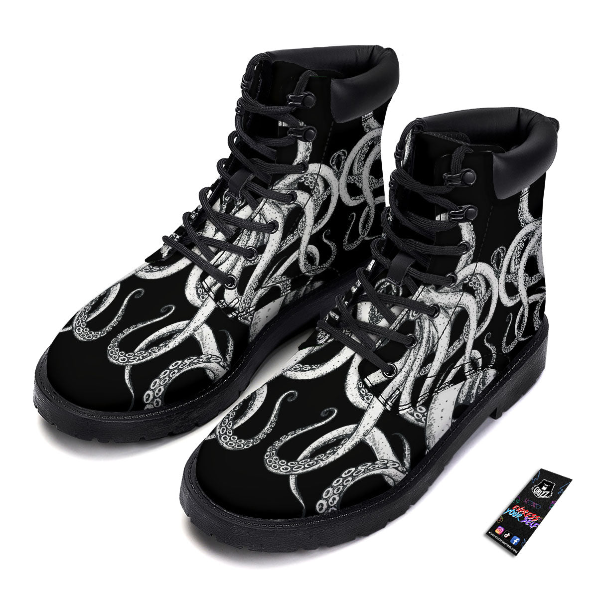 Octopus Tentacles White And Black Print Boots-grizzshop
