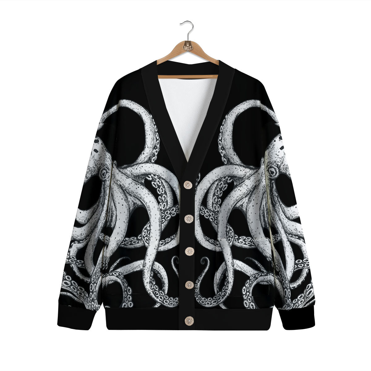 Octopus Tentacles White And Black Print Cardigan-grizzshop