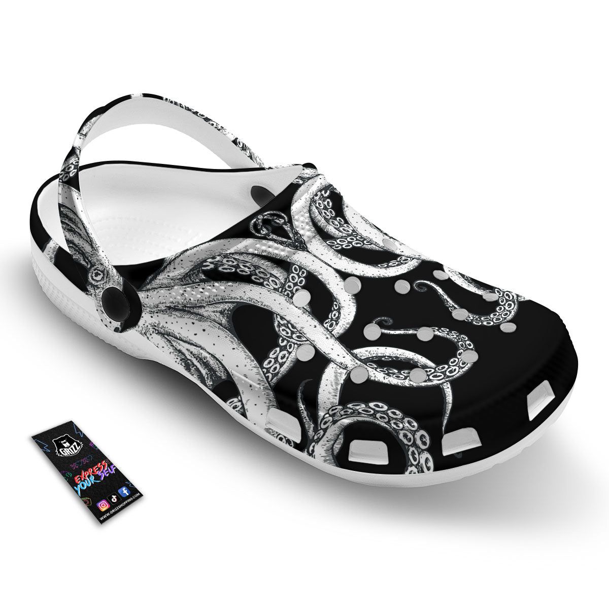 Octopus Tentacles White And Black Print Clog-grizzshop