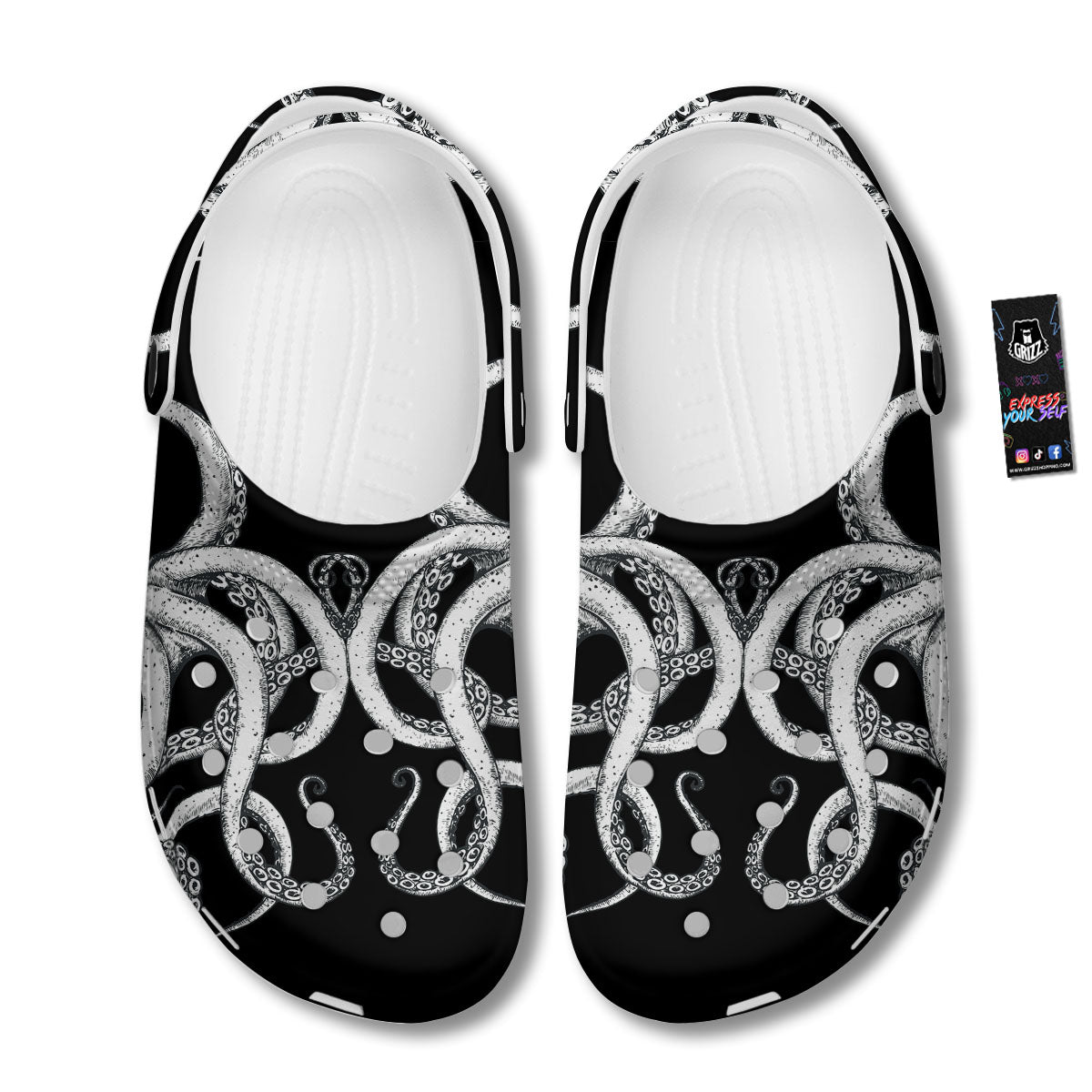 Octopus Tentacles White And Black Print Clog-grizzshop