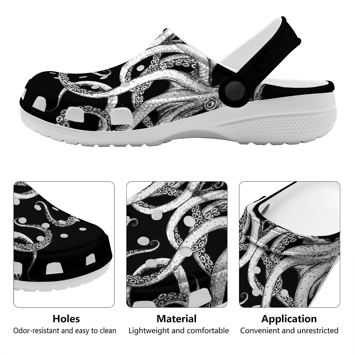Octopus Tentacles White And Black Print Clog-grizzshop