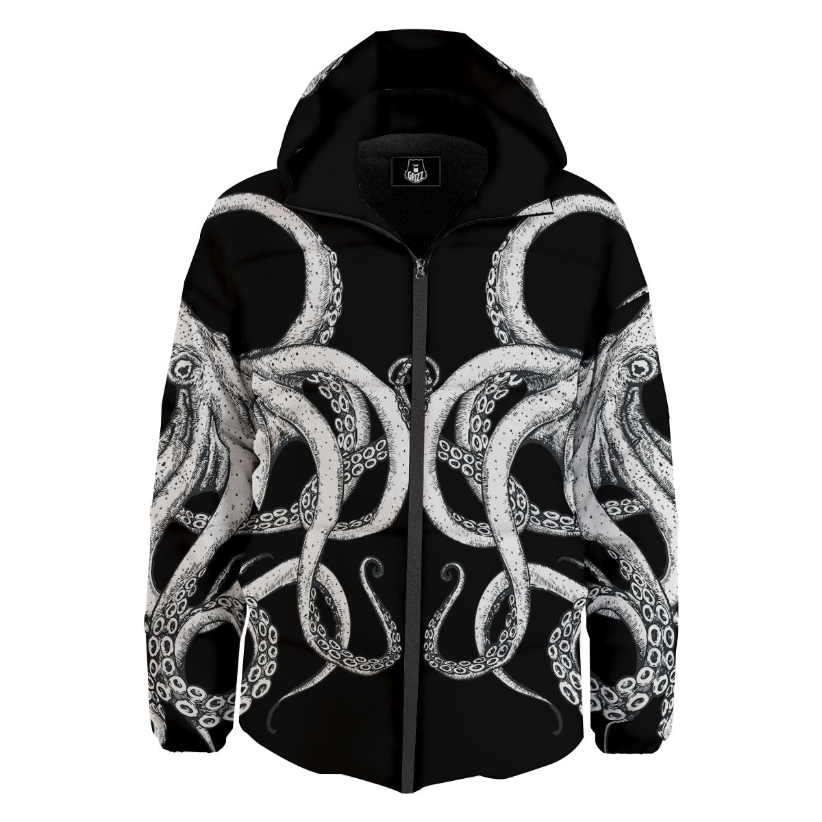 Octopus Tentacles White And Black Print Down Jacket-grizzshop