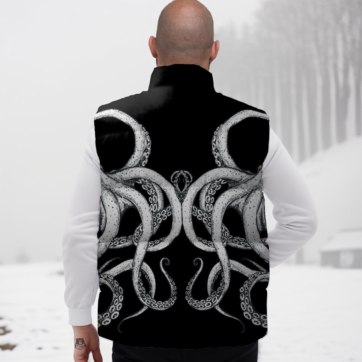 Octopus Tentacles White And Black Print Down Vest