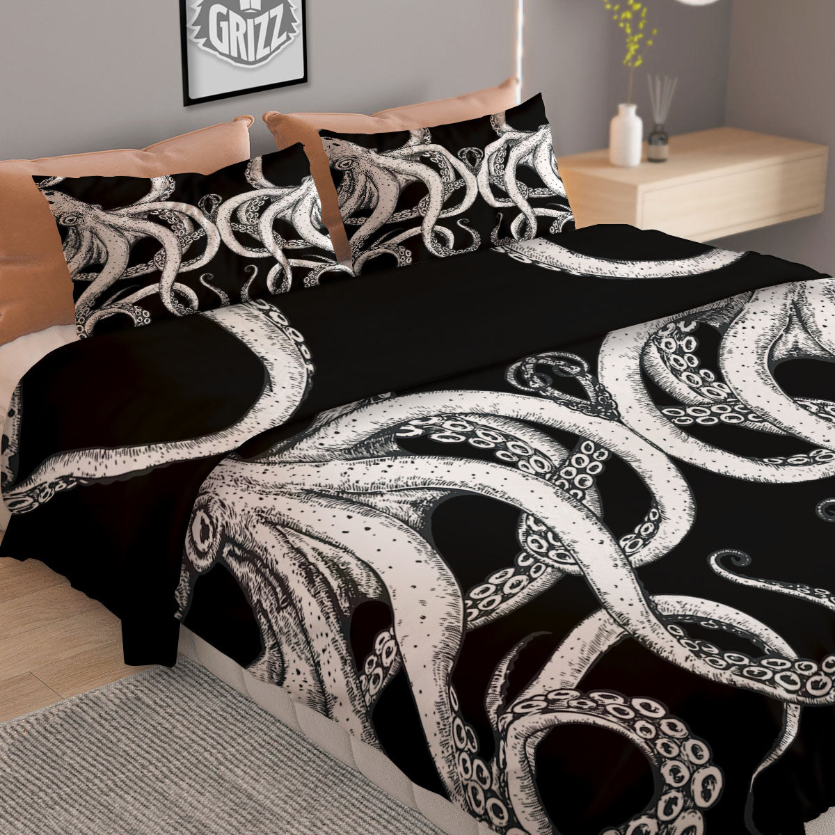 Octopus Tentacles White And Black Print Duvet Cover Bedding Set