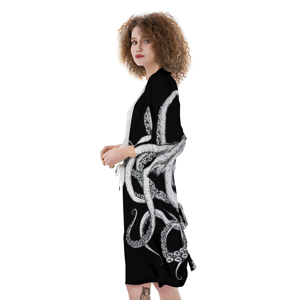 Octopus Tentacles White And Black Print Kimono-grizzshop