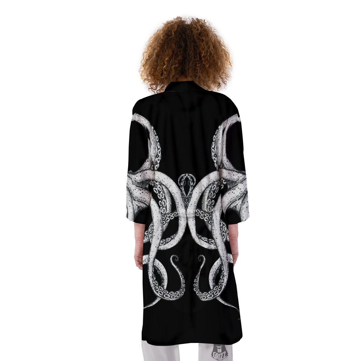 Octopus Tentacles White And Black Print Kimono-grizzshop