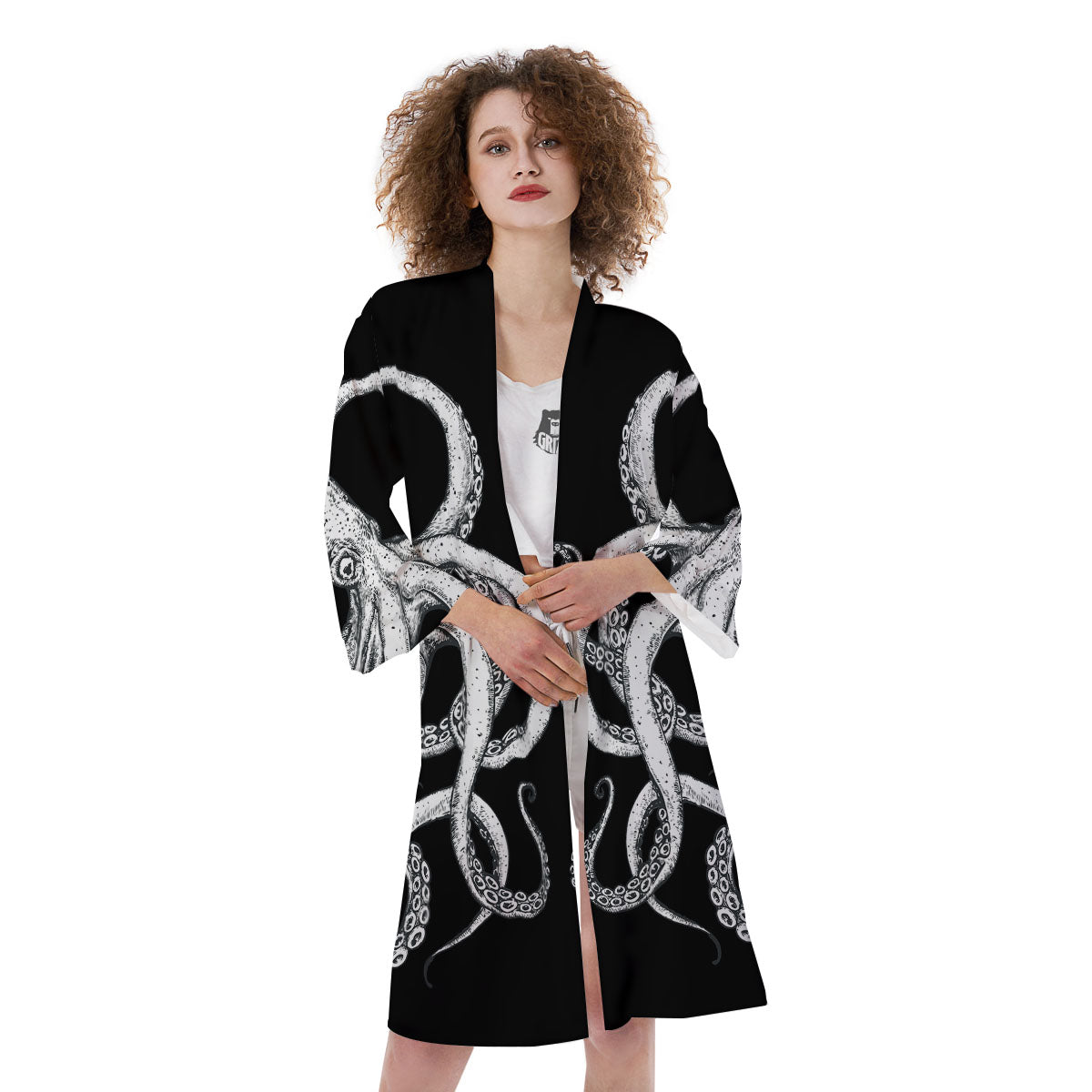 Octopus Tentacles White And Black Print Kimono-grizzshop