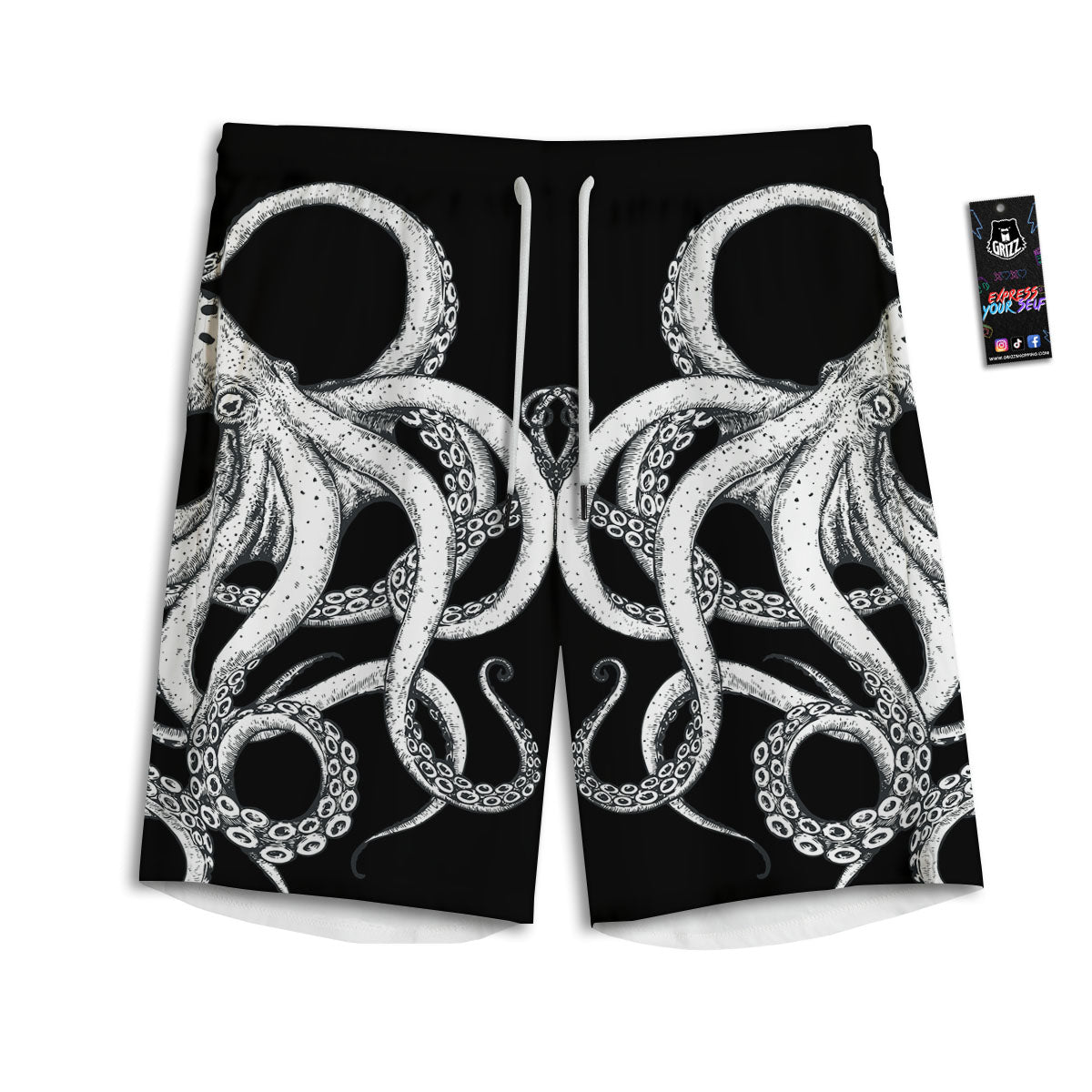 Octopus Tentacles White And Black Print Men's Athletic Shorts