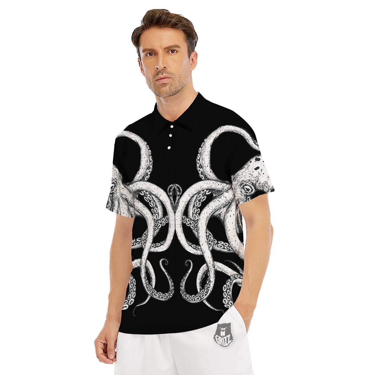 Octopus Tentacles White And Black Print Men's Golf Shirts-grizzshop