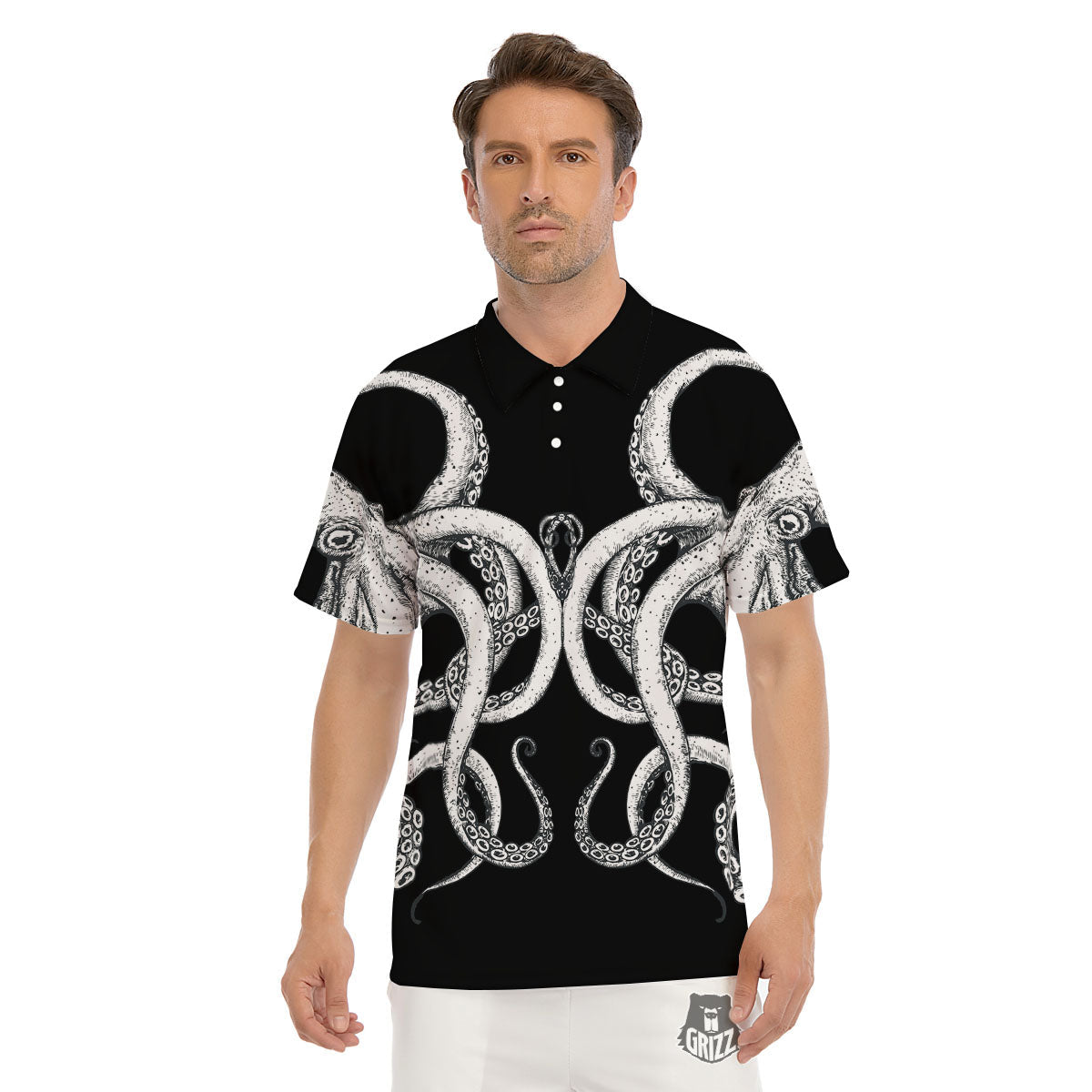 Octopus Tentacles White And Black Print Men's Golf Shirts-grizzshop