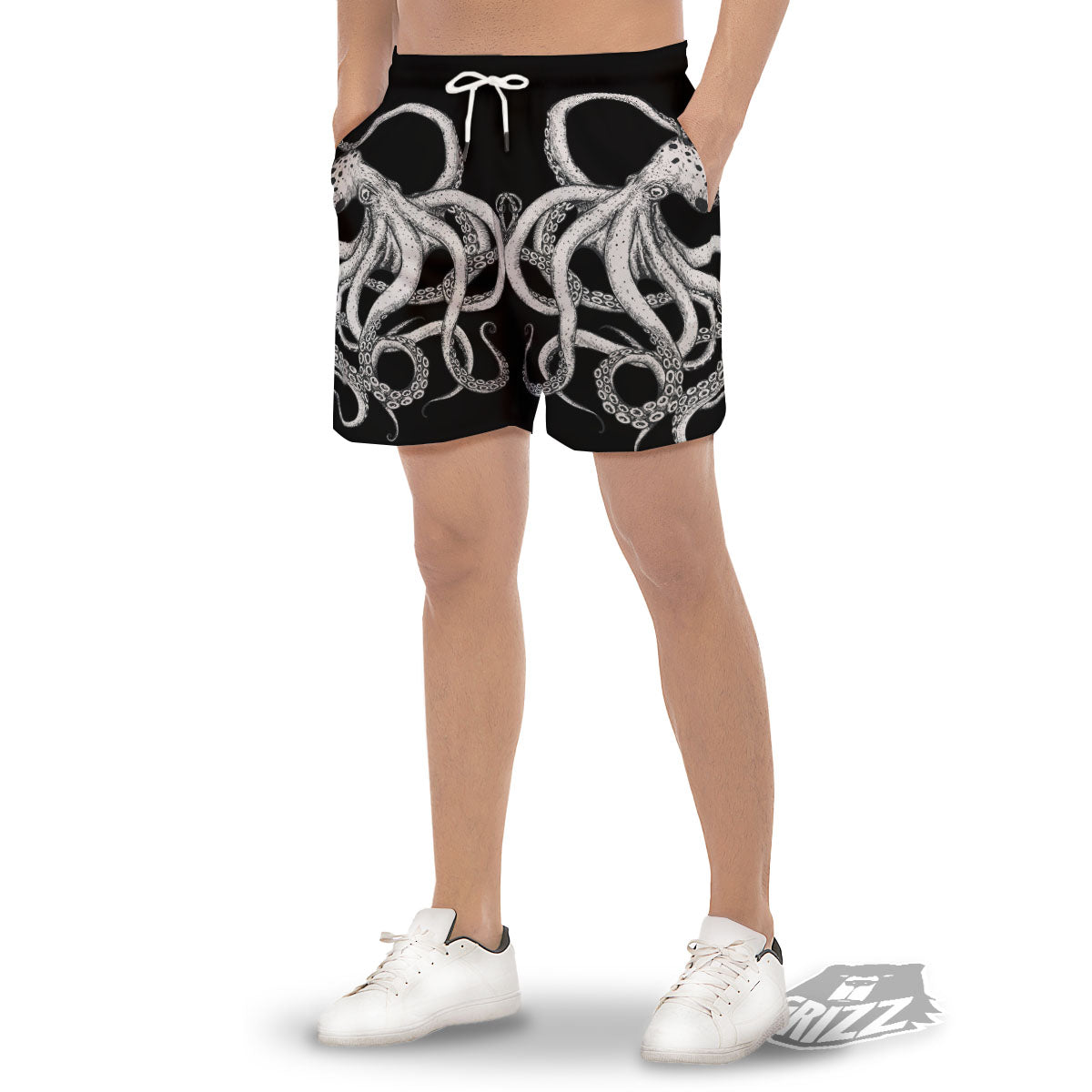 Octopus Tentacles White And Black Print Men's Gym Shorts-grizzshop
