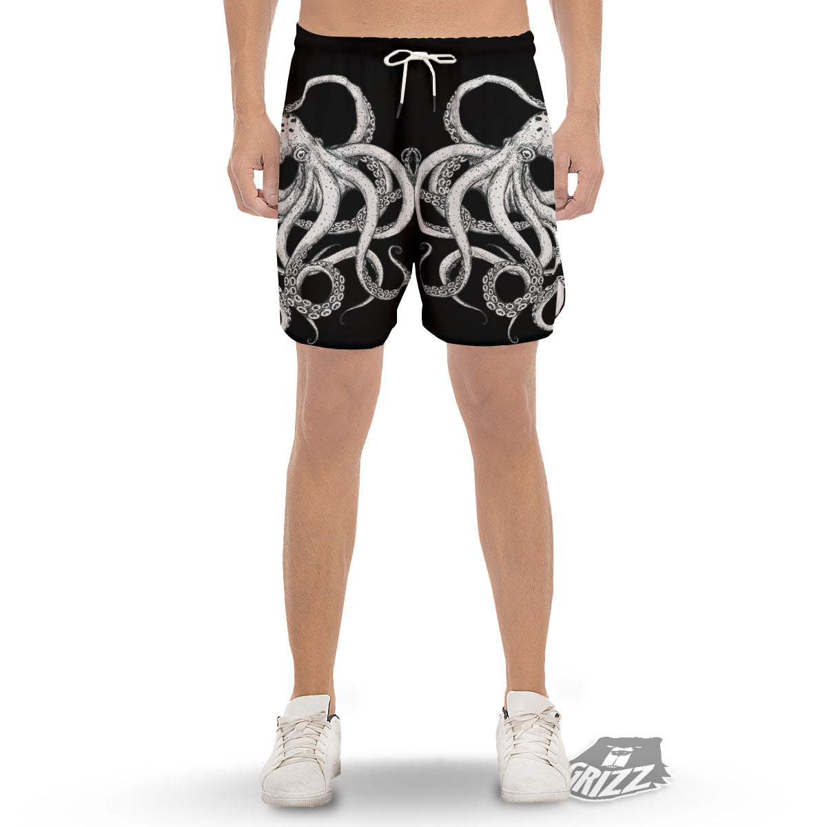 Octopus Tentacles White And Black Print Men's Gym Shorts-grizzshop