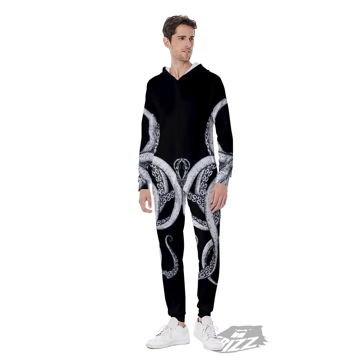 Octopus Tentacles White And Black Print Men's Jumpsuit-grizzshop