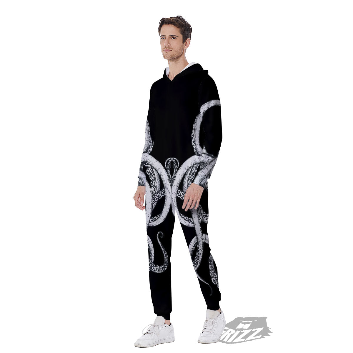 Octopus Tentacles White And Black Print Men's Jumpsuit-grizzshop