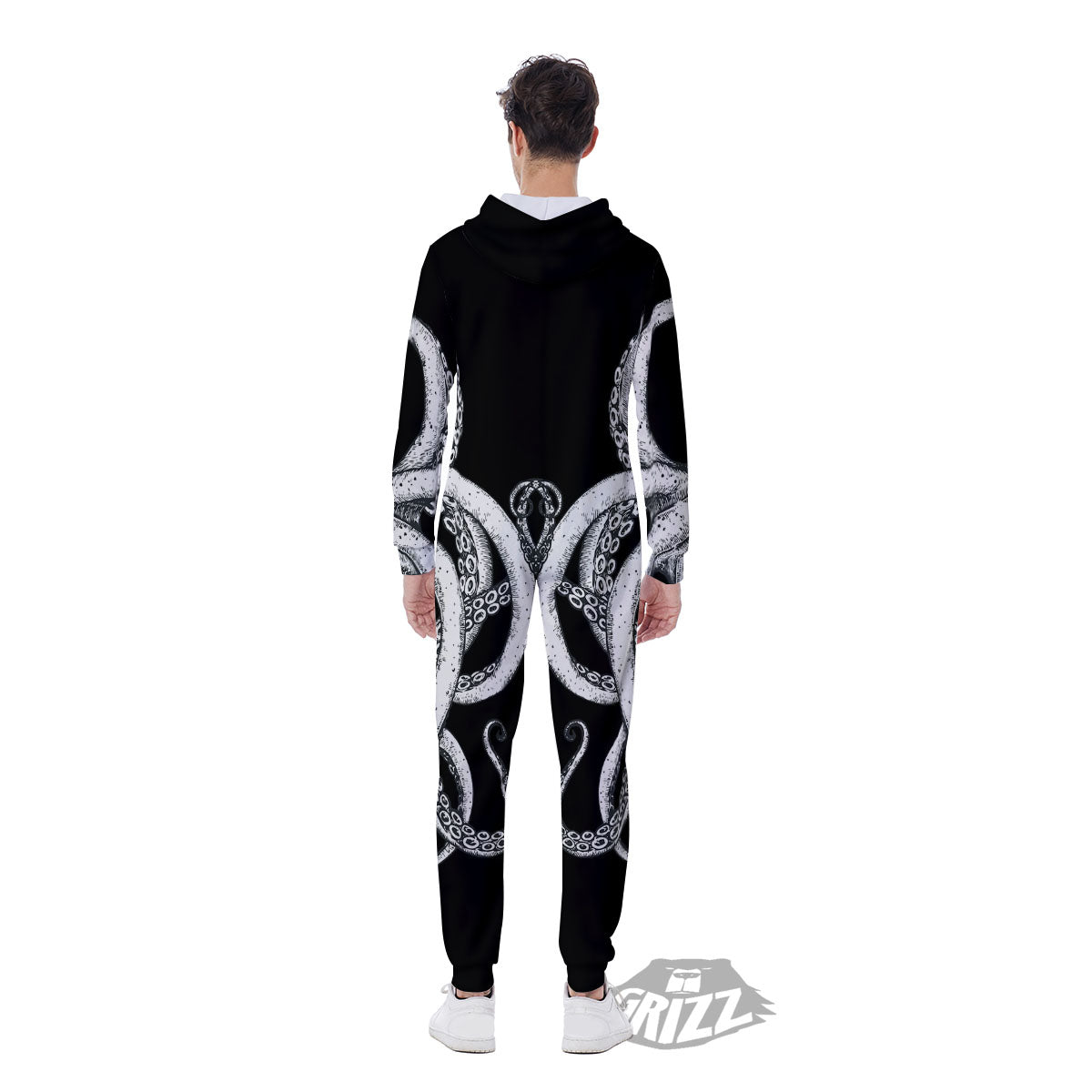 Octopus Tentacles White And Black Print Men's Jumpsuit-grizzshop