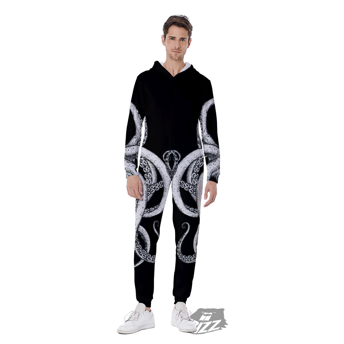 Octopus Tentacles White And Black Print Men's Jumpsuit-grizzshop