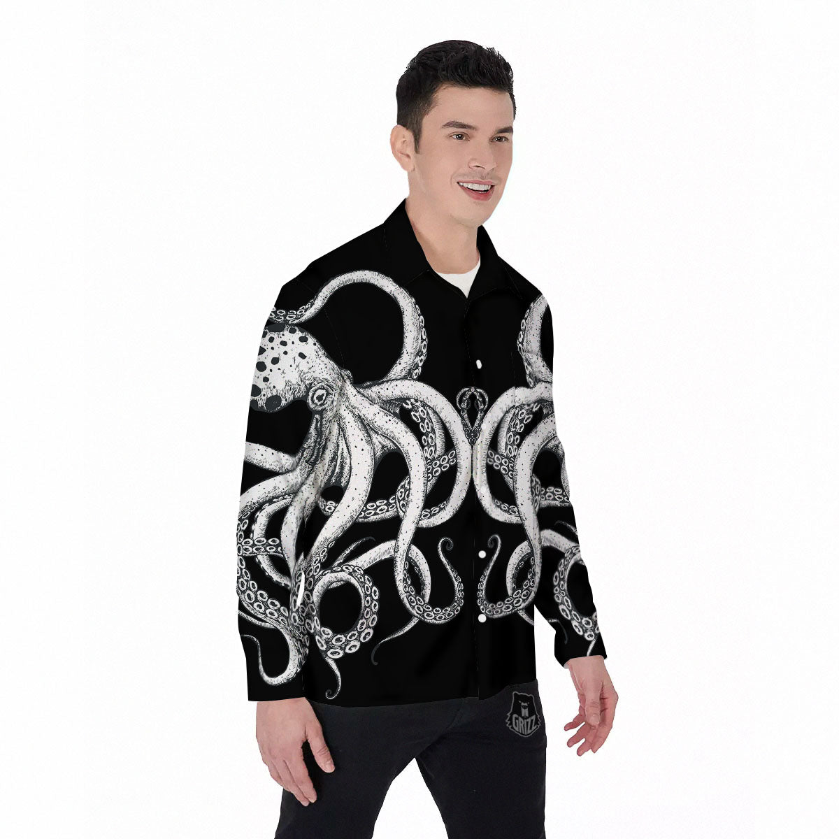 Octopus Tentacles White And Black Print Men's Long Sleeve Shirts-grizzshop