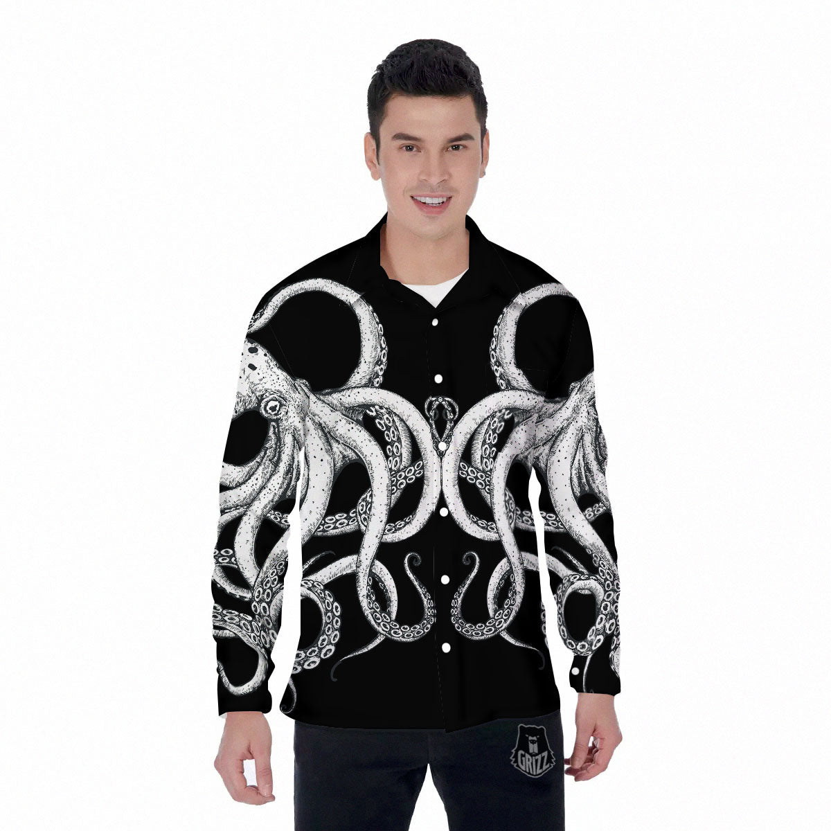 Octopus Tentacles White And Black Print Men's Long Sleeve Shirts-grizzshop