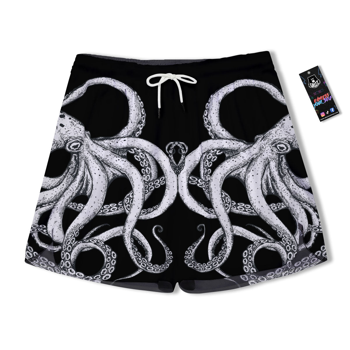 Octopus Tentacles White And Black Print Men's Running Shorts-grizzshop