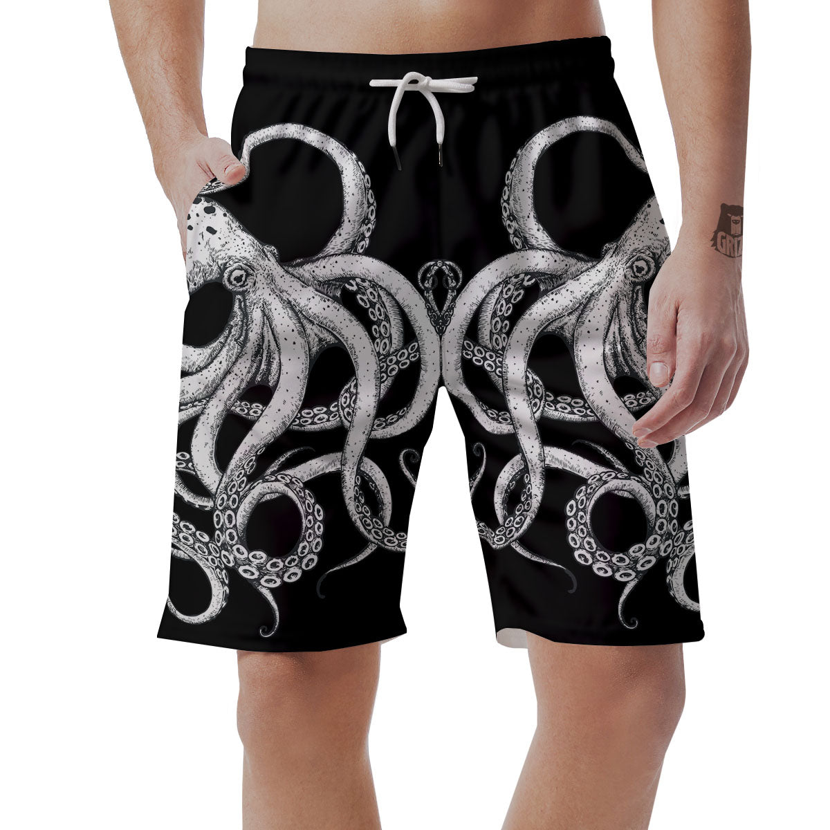 Octopus Tentacles White And Black Print Men's Shorts-grizzshop