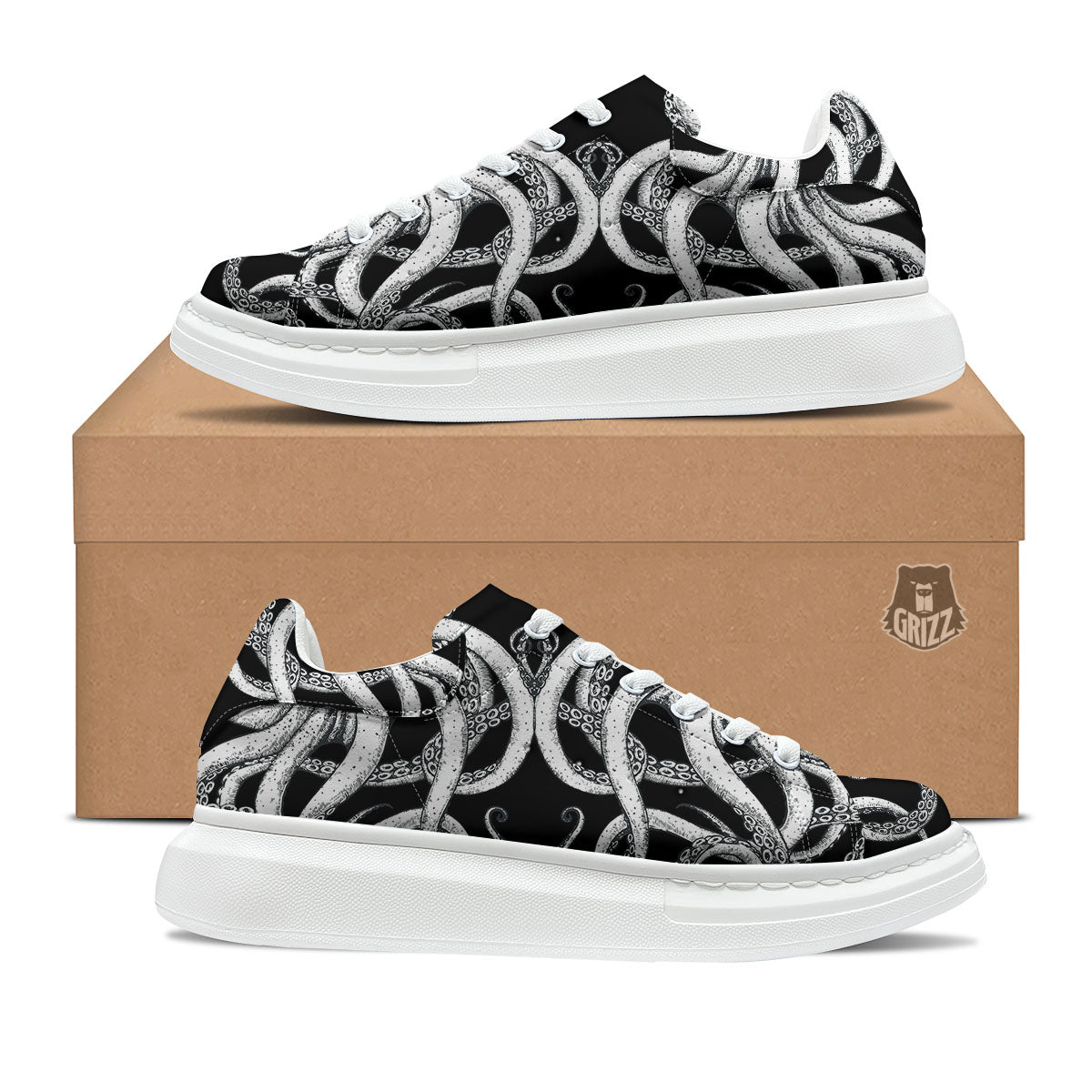 Octopus Tentacles White And Black Print Platform Shoes-grizzshop