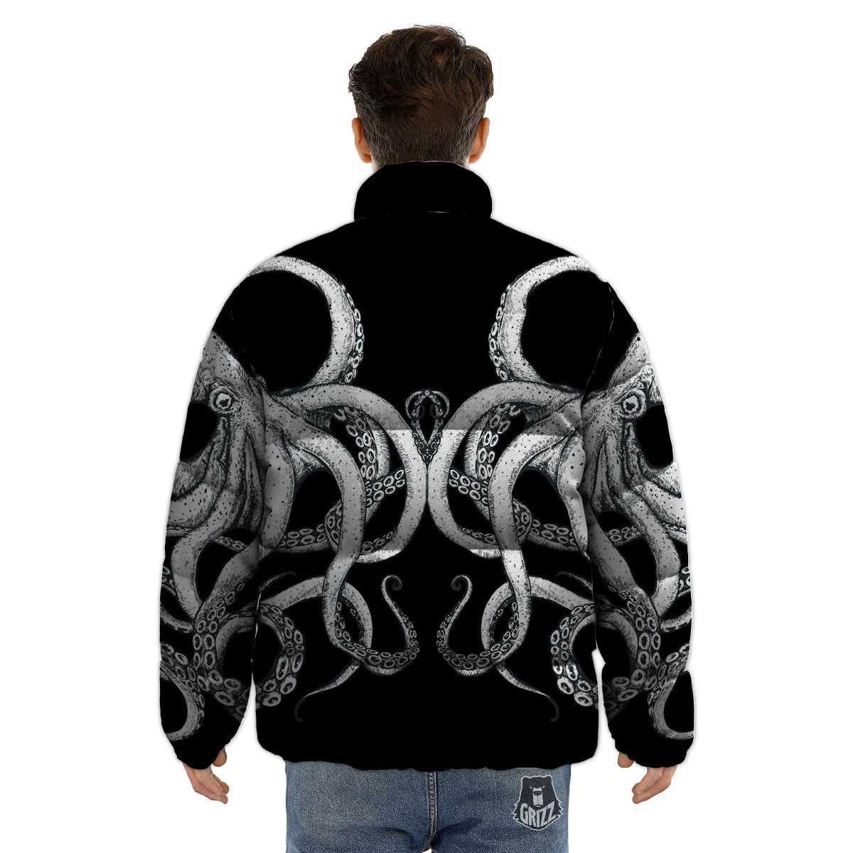 Octopus Tentacles White And Black Print Puffer Jacket-grizzshop
