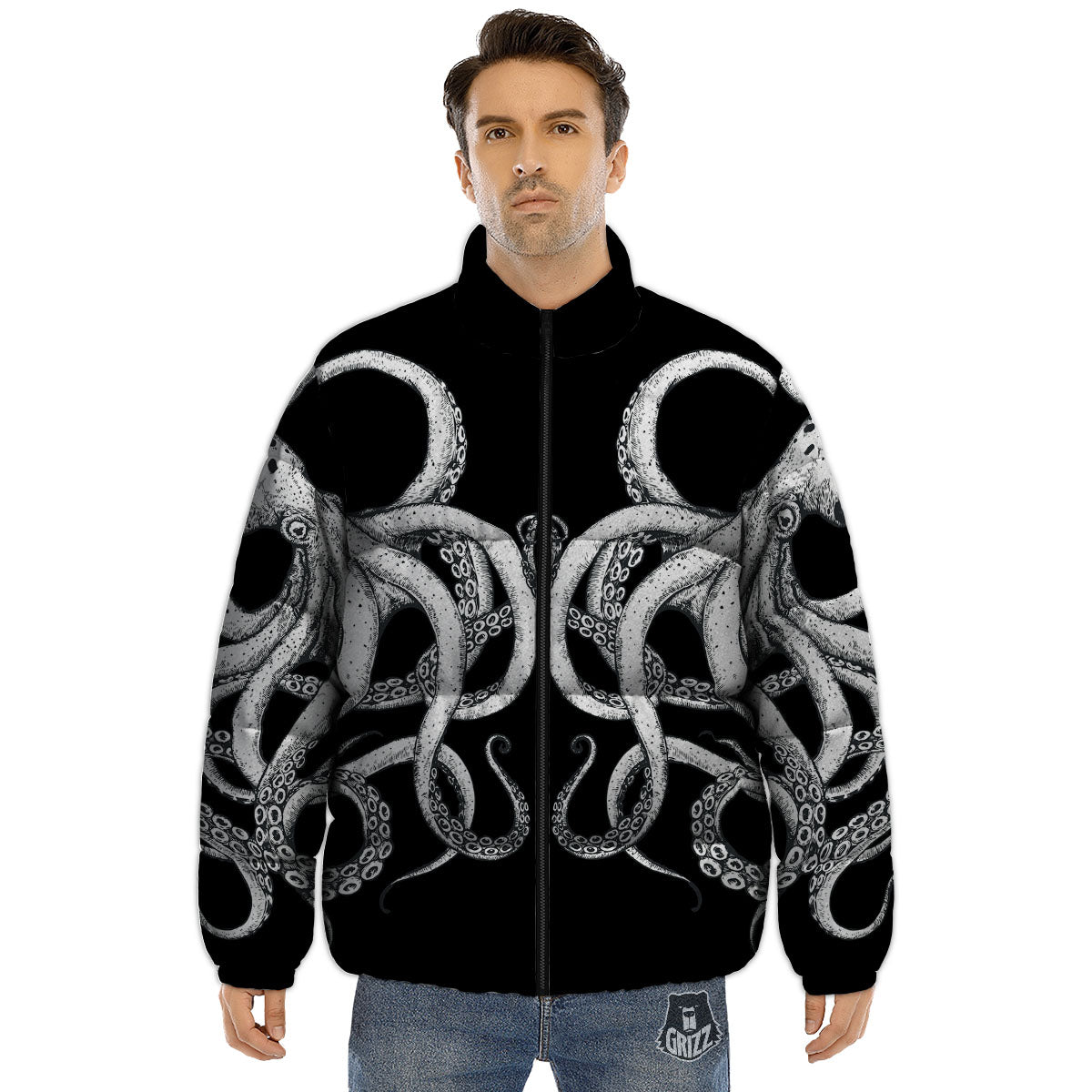 Octopus Tentacles White And Black Print Puffer Jacket-grizzshop