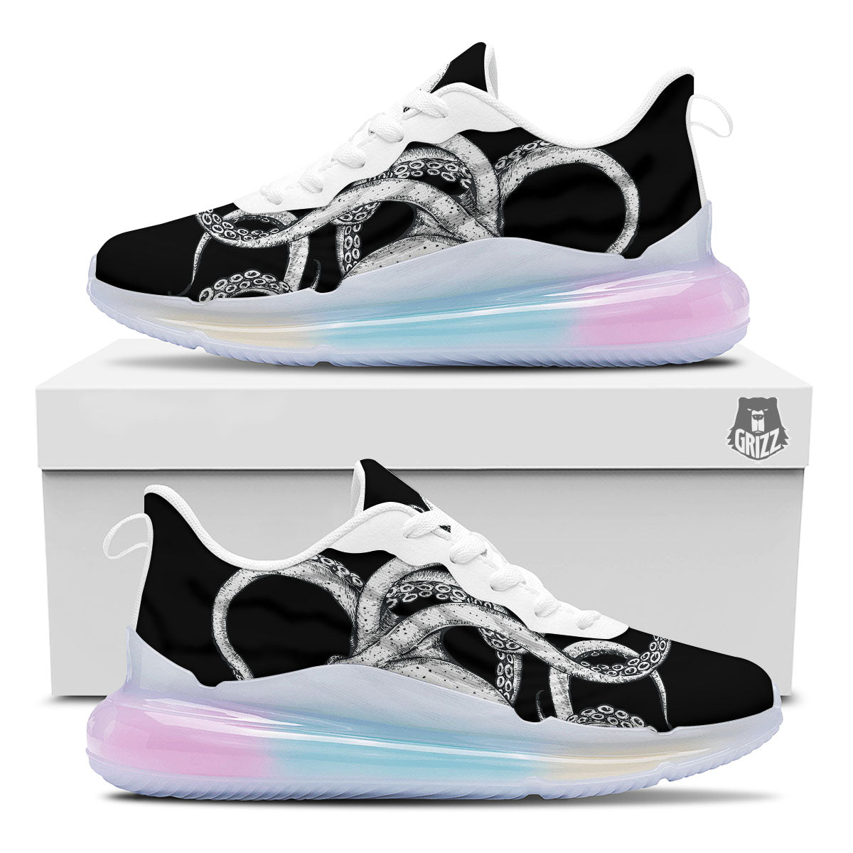 Octopus Tentacles White And Black Print Running Sneakers-grizzshop