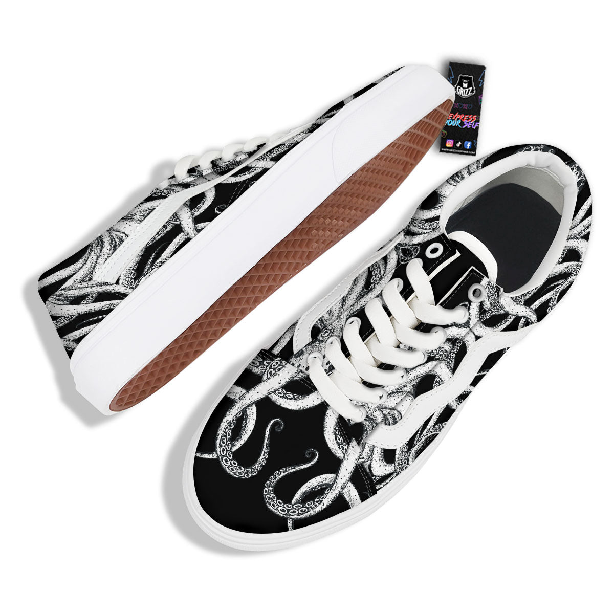 Octopus Tentacles White And Black Print Skate Shoes-grizzshop