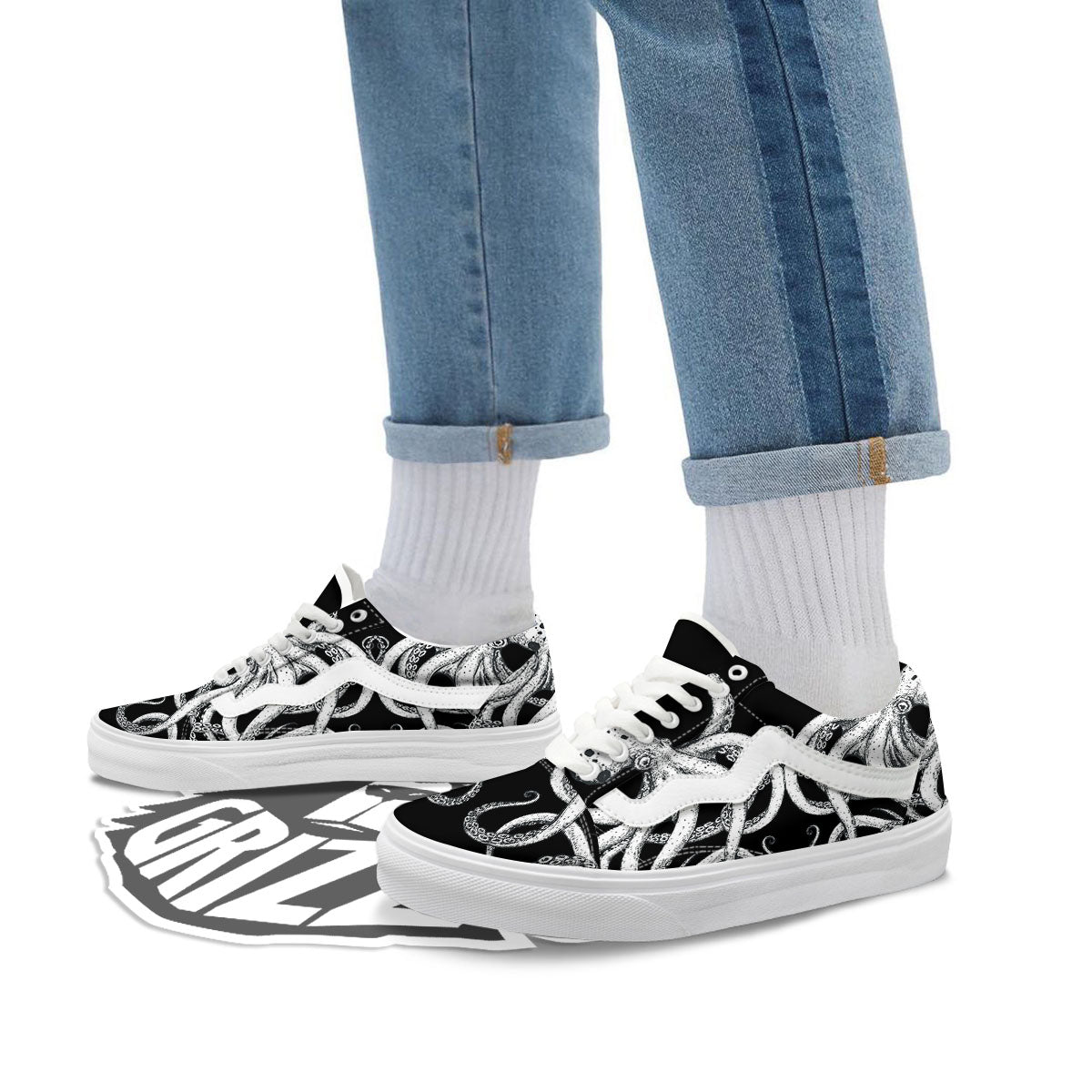 Octopus Tentacles White And Black Print Skate Shoes-grizzshop