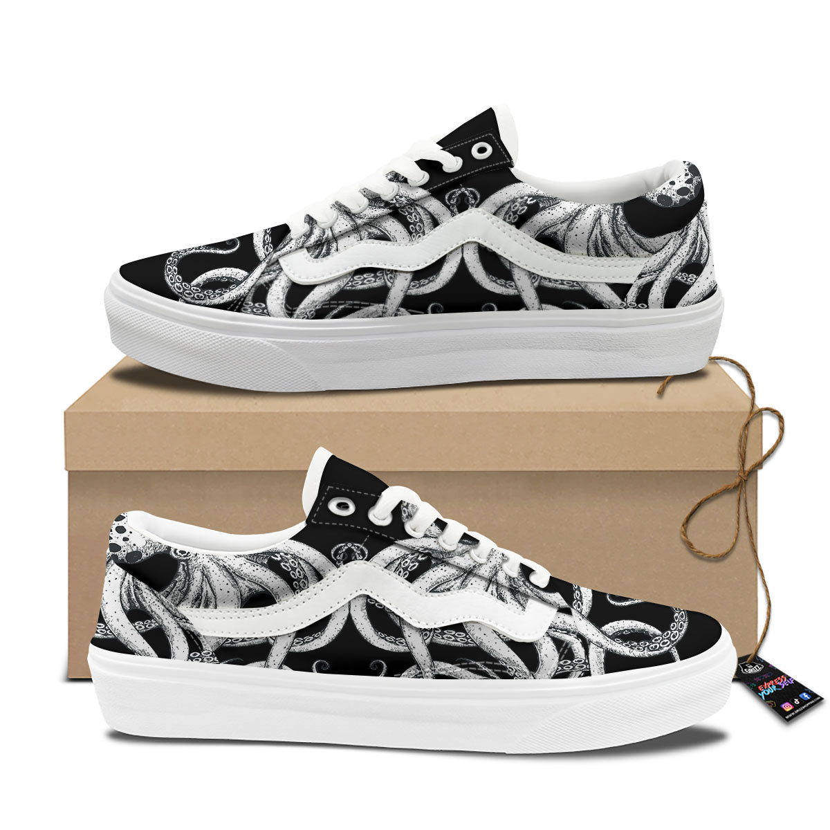 Octopus Tentacles White And Black Print Skate Shoes-grizzshop