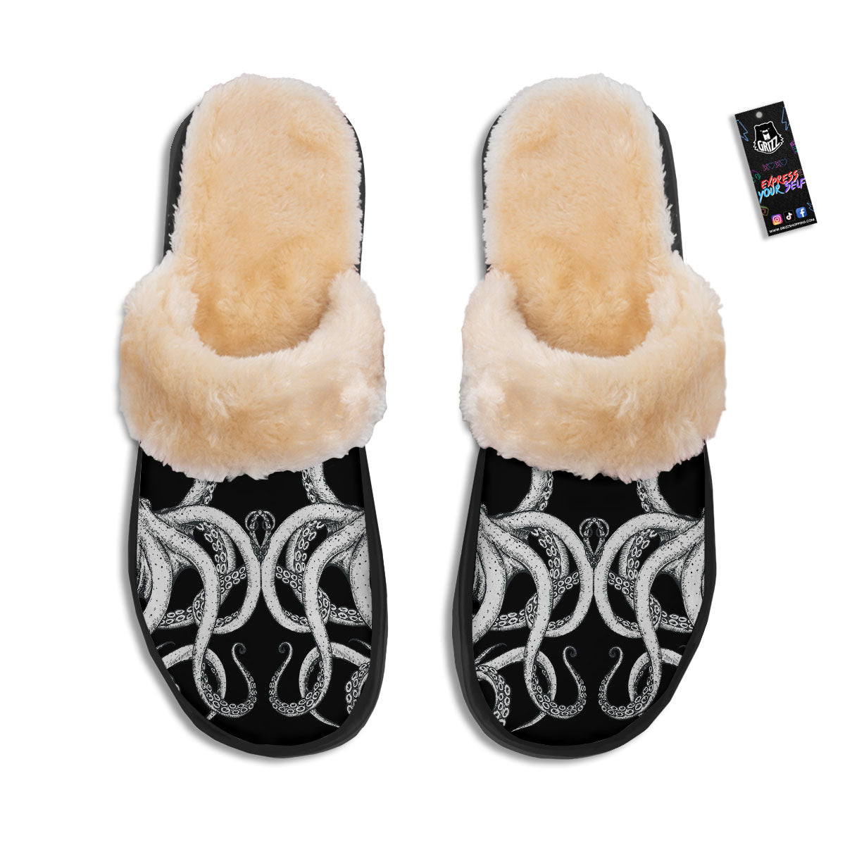 Octopus Tentacles White And Black Print Slippers-grizzshop