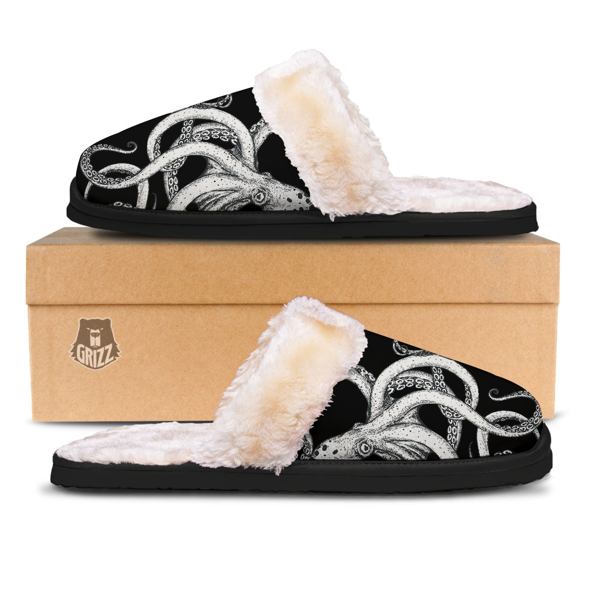 Octopus Tentacles White And Black Print Slippers-grizzshop