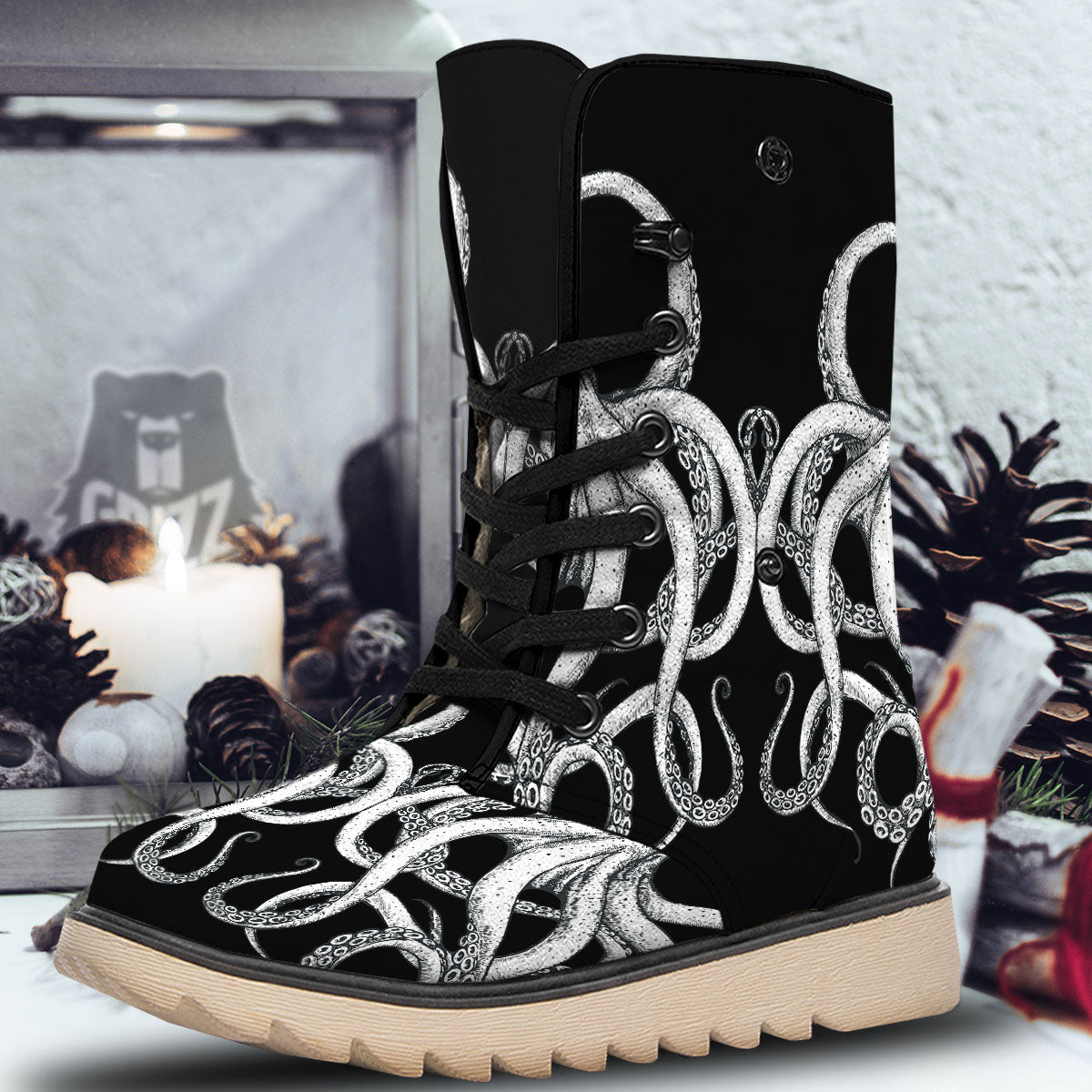 Octopus Tentacles White And Black Print Snow Boots-grizzshop