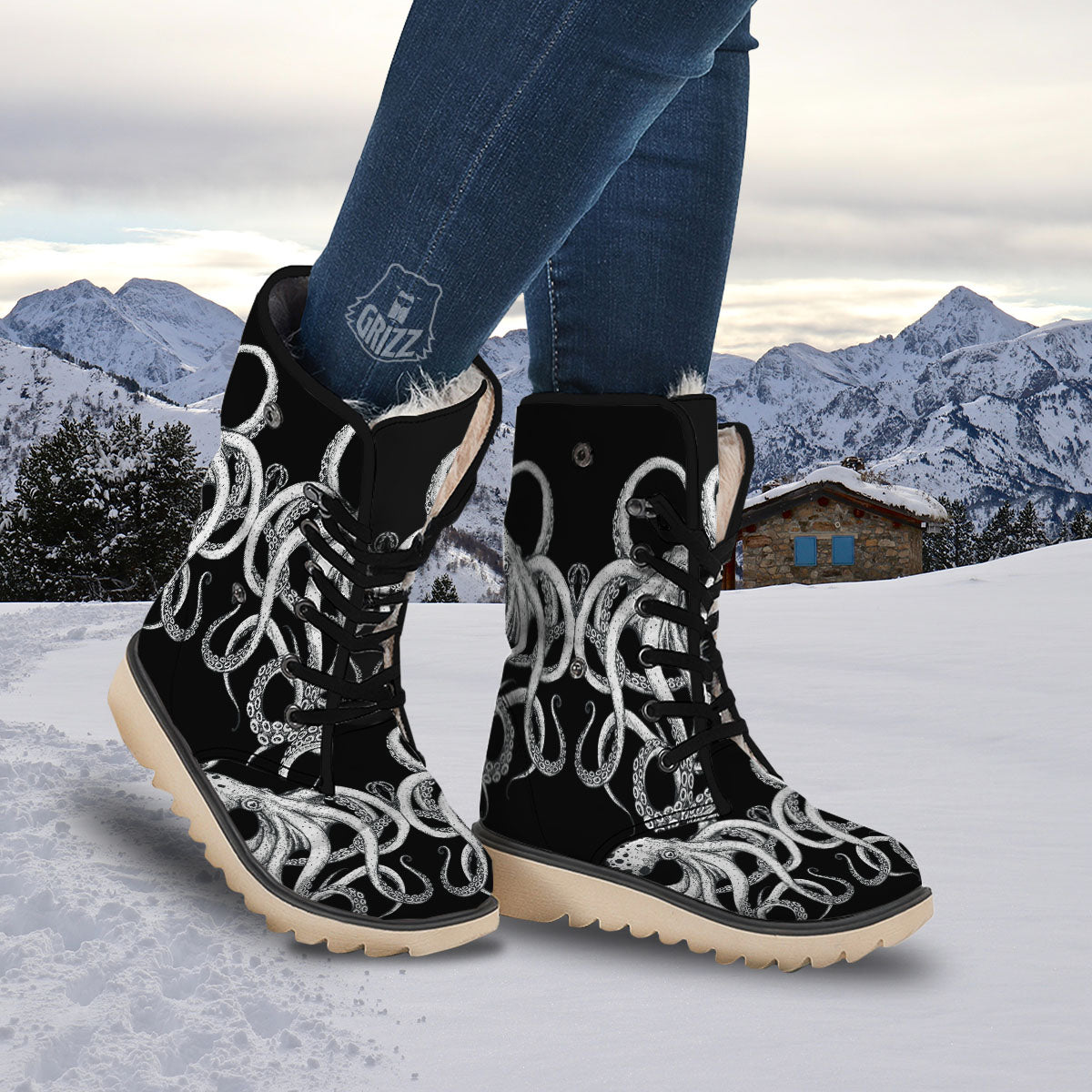 Octopus Tentacles White And Black Print Snow Boots-grizzshop