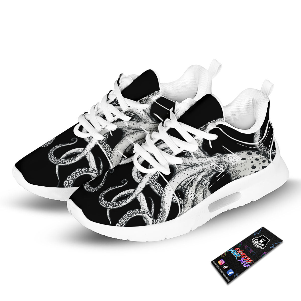 Octopus Tentacles White And Black Print Tennis Shoes-grizzshop