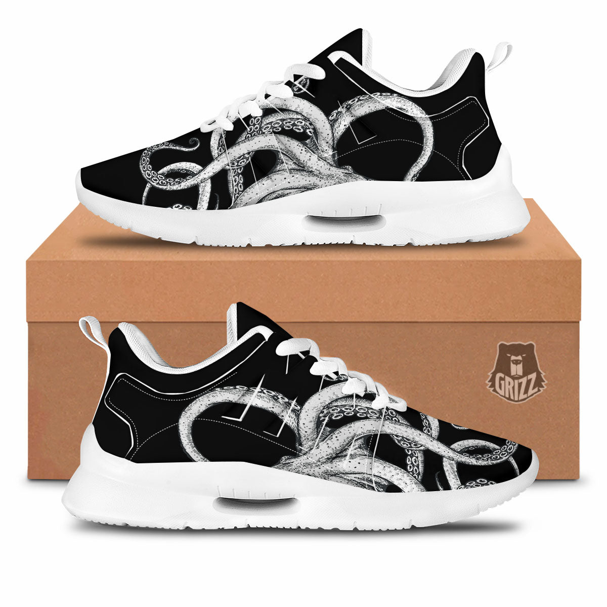 Octopus Tentacles White And Black Print Tennis Shoes-grizzshop