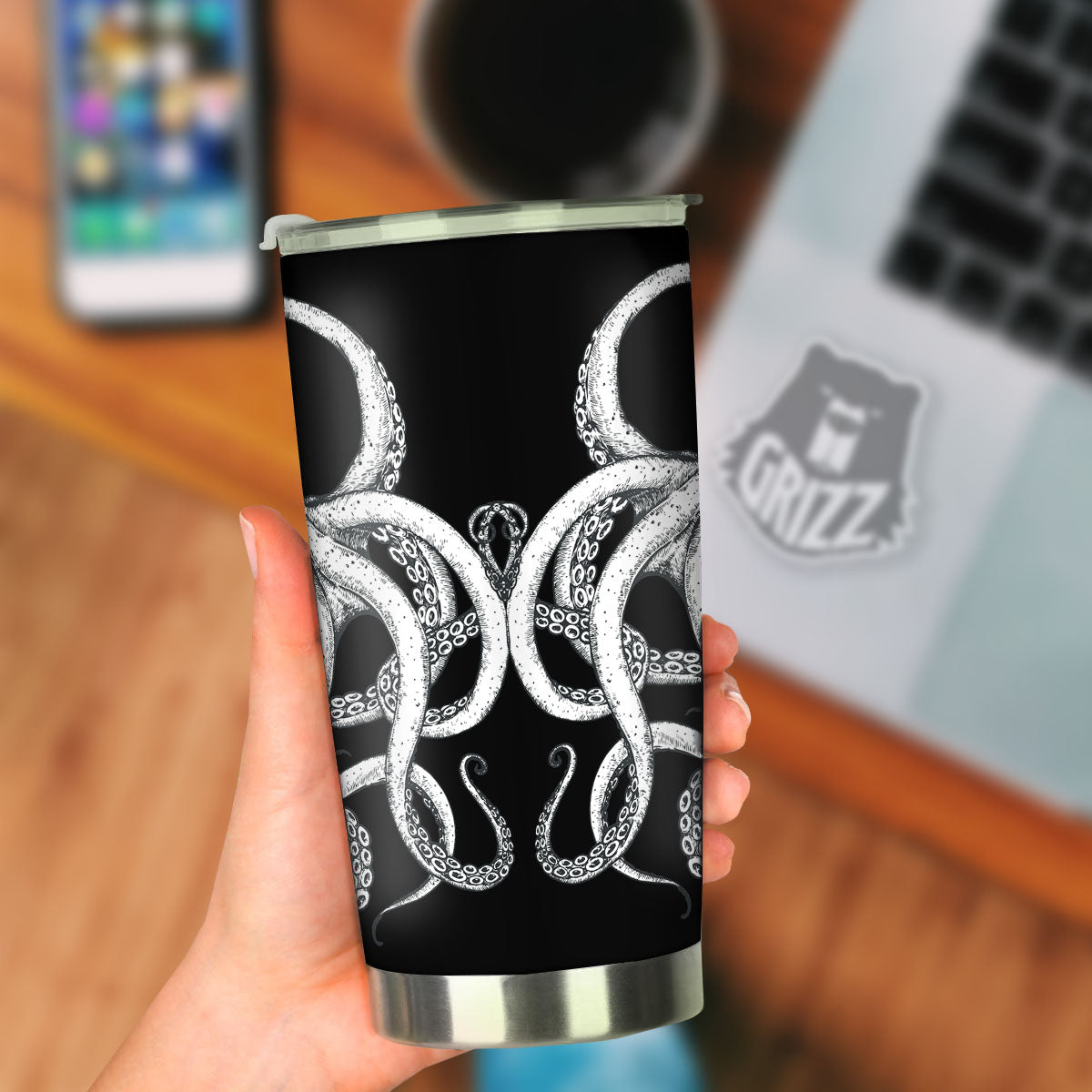 Octopus Tentacles White And Black Print Tumbler-grizzshop