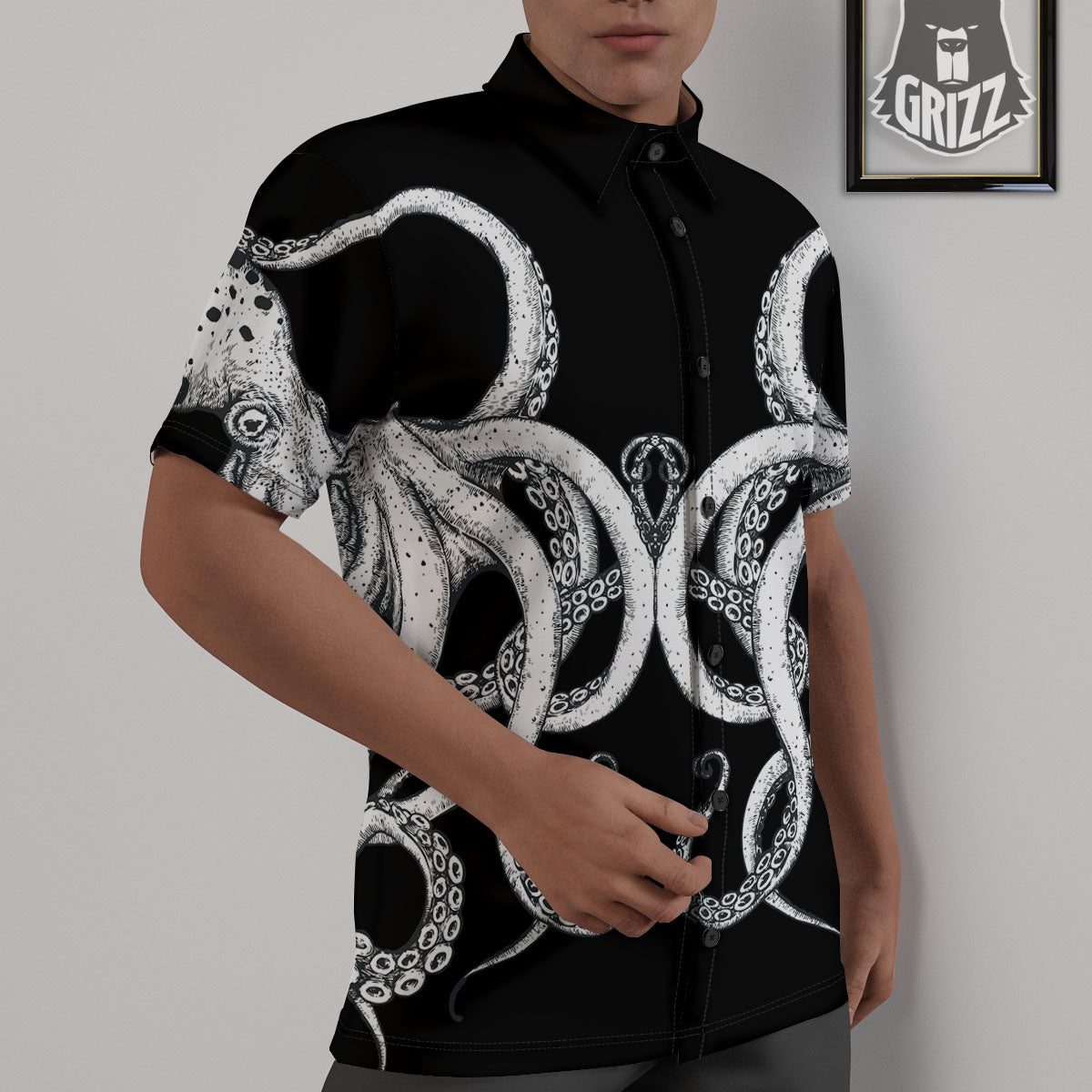 Octopus Tentacles White And Black Print Untucked Shirts-grizzshop
