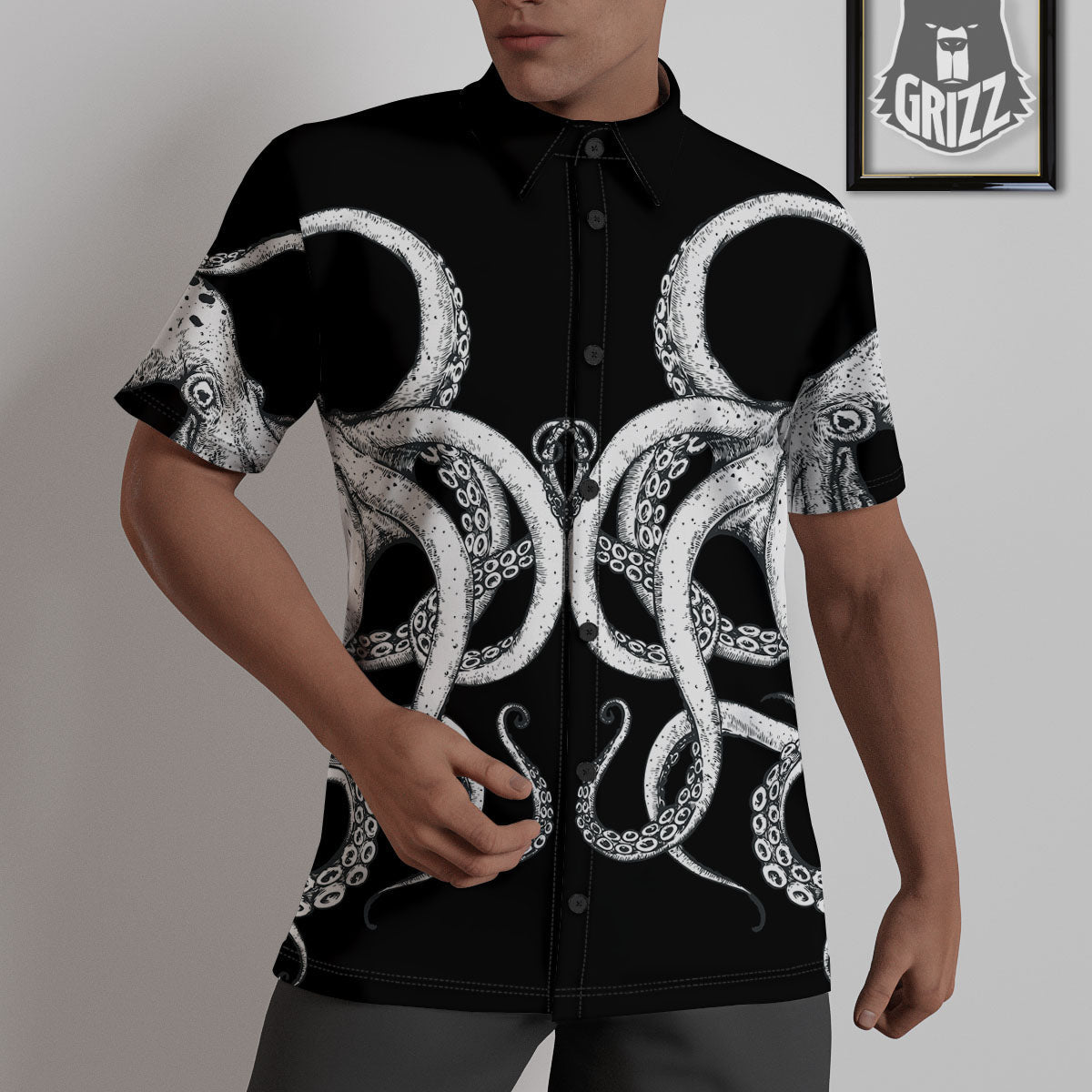 Octopus Tentacles White And Black Print Untucked Shirts-grizzshop