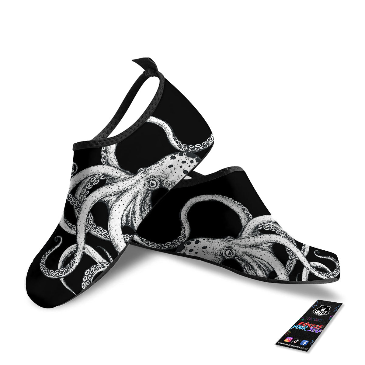 Octopus Tentacles White And Black Print Water Shoes-grizzshop
