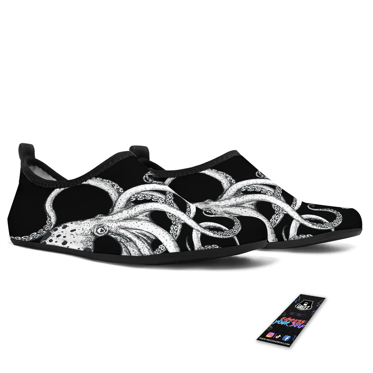 Octopus Tentacles White And Black Print Water Shoes-grizzshop